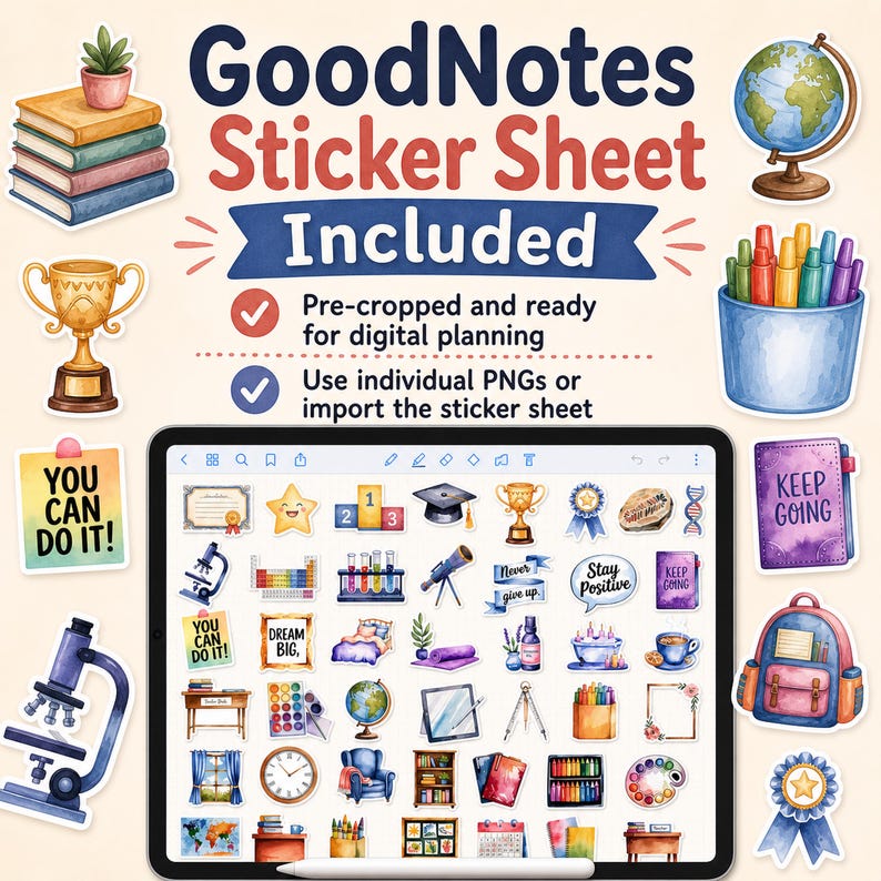 May include: A digital sticker sheet for GoodNotes featuring various educational and school-themed illustrations like books, a globe, a trophy, a microscope, and a backpack. The sheet includes pre-cropped PNGs for digital planning.