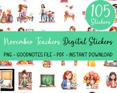 November Teachers Digital Stickers, 105 GoodNotes Stickers Fall Teacher iPad Stickers - Digital Planner Stickers Bundle Instant Download PNG