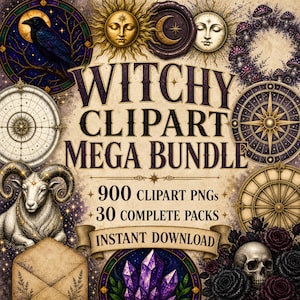 Könnte beinhalten: Eine digitale Grafiksammlung mit dem Titel WITCHY CLIPART MEGA BUNDLE, bestehend aus 900 Clipart-PNGs und 30 Komplettpaketen. Das Design zeigt Illustrationen eines Raben, Sonnen- und Mondgesichtern, eines Widders, Kristallen, eines Schädels und Rosen.