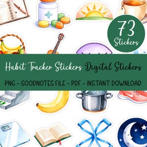 Könnte beinhalten: Eine Sammlung digitaler Habit-Tracker-Aufkleber mit Aquarellillustrationen. Die Aufkleber enthalten Bilder von Pillen, einem Sonnenaufgang, einer Tasse Tee, einer Gitarre, einer Banane, einem Topf, einer Waage, einem Buch und Trainingsbändern. Der Text lautet "Habit Tracker Stickers Digital Stickers".