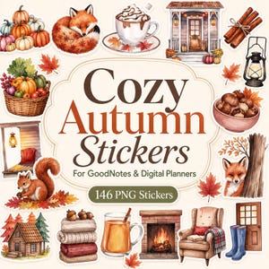May include: A collection of digital autumn-themed stickers featuring pumpkins, a fox, a hot beverage, a porch, cinnamon sticks, a lantern, a basket of produce, a squirrel, a cabin, a fireplace, a chair, and boots with the text Cozy Autumn Stickers.