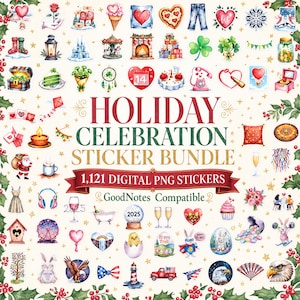 Könnte beinhalten: Ein digitales Sticker-Set mit 1.121 PNG-Dateien mit dem Titel Holiday Celebration Sticker Bundle. Die Sammlung enthält Aquarellillustrationen von Herzen, Feiertagssymbolen, Tieren, Lebensmitteln und saisonaler Dekoration auf einem cremefarbenen Hintergrund.