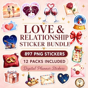 Könnte beinhalten: Ein digitales Sticker-Set mit dem Titel LOVE & RELATIONSHIP STICKER BUNDLE, 897 PNG STICKERS, 12 PACKS INCLUDED, Digital Planner Stickers. Enthält Illustrationen von Paaren, Weingläsern, Rosen, Schneekugeln, Herzen, Umschlägen und Geschenken.