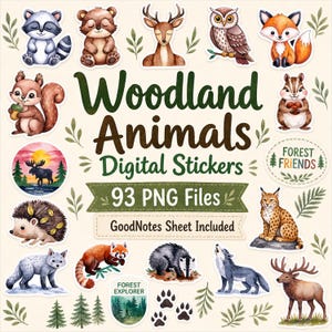 May include: A digital sticker set featuring watercolor illustrations of woodland animals including a raccoon, bear, deer, owl, fox, squirrel, chipmunk, hedgehog, lynx, wolf, and badger, with text reading Woodland Animals Digital Stickers 93 PNG Files.