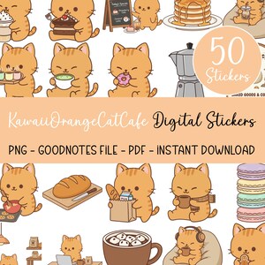 Könnte beinhalten: Digitale Aufkleber mit orangefarbenen Cartoon-Katzen, die Essen und Getränke halten. Der Text "Kawaii Orange CatCafe Digital Stickers" ist zu sehen, zusammen mit "50 Stickers". Verfügbar in PNG-, GoodNotes- und PDF-Formaten. Das Bild enthält eine Kaffeemaschine.