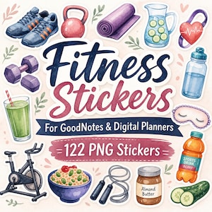 125 Fitness Stickers Digital, Exercise Stickers, Gym Stickers, Workout Stickers, Cute Stickers, Goodnotes Stickers, Digital Planner Stickers