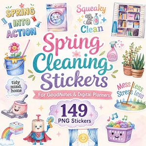 149 Spring Cleaning Digital Stickers, Organization Stickers, Goodnotes Stickers, Digital Planner Stickers, Precropped PNG iPad Stickers