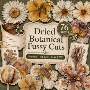 Könnte beinhalten: Eine Sammlung von 76 getrockneten botanischen Fussy Cuts mit verschiedenen gepressten Blumen, Birkenrinde und Blumenarrangements. Der zentrale Text lautet Dried Botanical Fussy Cuts, 76 PIECES, Printable | US Letter & A4 | PNG.