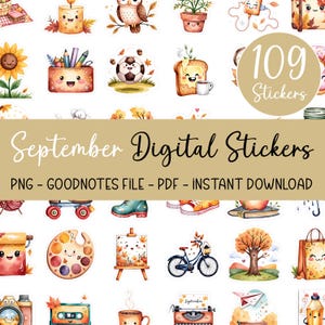 May include: A set of 109 digital stickers featuring autumn-themed illustrations. The stickers include images of leaves, acorns, pumpkins, owls, and other fall-related imagery. The text "September Digital Stickers" is displayed at the top of the image.