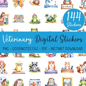 144 Vet Clinic Autocollants numériques Pack Goodnotes Planner Autocollants Thème vétérinaire Pet Hospital Animals Medical PNG Téléchargement numérique instantané