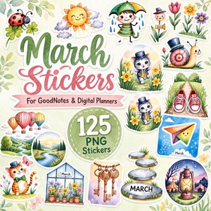125 March Spring Digital Stickers Goodnotes Planner Bundle PNG Easter Bunny Bear Floral Tea Time Kawaii Sticker Pack Digital Download iPad