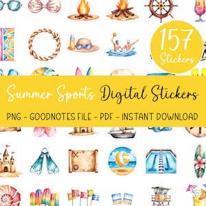 Könnte beinhalten: Ein Set mit 157 digitalen Stickern mit Sommer-Sport- und Strandmotiven. Die Sticker sind im Aquarell-Stil gehalten und zeigen Bilder von Surfbrettern, Sonnenschirmen, Sandburgen, Rettungstürmen und vielem mehr.