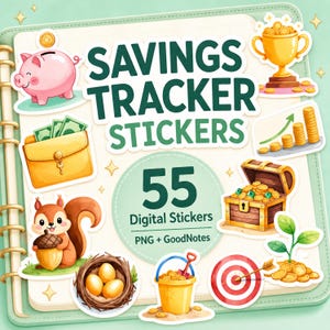 Könnte beinhalten: Ein digitales Sticker-Set mit dem Titel SAVINGS TRACKER STICKERS 55 Digital Stickers PNG + GoodNotes. Die Sammlung enthält Illustrationen eines rosa Sparschweins, einer gelben Geldbörse mit Bargeld, eines goldenen Pokals, eines Münzstapels, einer Schatztruhe, eines Eichhörnchens mit Eichel, eines Vogelnests mit Eiern, eines gelben Eimers, einer Zielscheibe und einer Pflanze, die aus Münzen wächst.