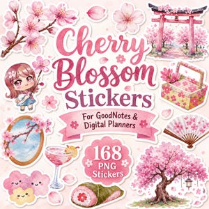168 digitala klistermärken med körsbärsblommor, sakura-klistermärken, vårblommor-klistermärken, Goodnote-klistermärken, digitala planeringsklistermärken, iPad PNG-klistermärken