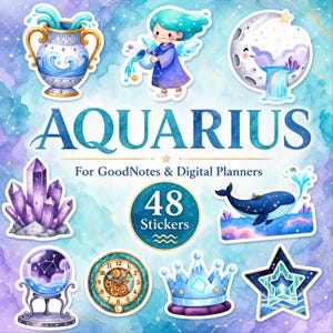 Könnte beinhalten: Ein digitales Sticker-Set mit dem Titel AQUARIUS For GoodNotes & Digital Planners, das 48 Sticker enthält, darunter eine Wasserurne, eine Figur, die Wasser gießt, eine Mondsichel, violette Kristalle, einen Wal, eine Kristallkugel, eine Uhr, eine Krone und einen Stern.