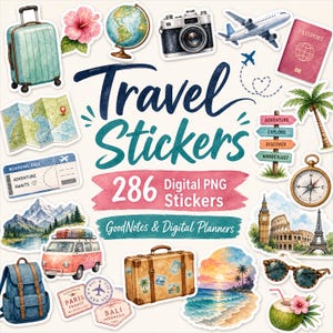 Könnte beinhalten: Eine Sammlung von digitalen Reiseaufklebern mit Koffer, Globus, Kamera, Flugzeug, Reisepass, Karte, Bordkarte, Bergen, Van, Rucksack, Schildern, Kompass, Sehenswürdigkeiten, Sonnenbrille und Kokosnuss mit dem Text Travel Stickers 286 Digital PNG Stickers.