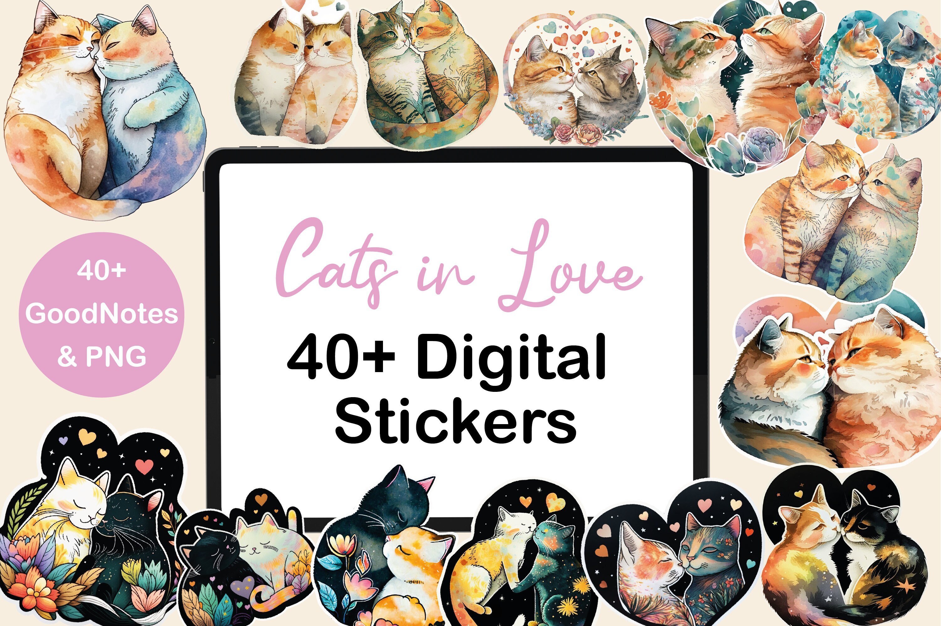 Cats in Love Valentines Day 40+ Digital Stickers PNG | Goodnotes ...