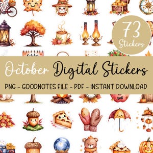 Könnte beinhalten: Ein Set mit 73 digitalen Stickern mit Herbstmotiven. Die Sticker zeigen Bilder von Kürbissen, Blättern, Eicheln, einem Vogelscheuche, einer Laterne, einem Kuchen, einem Bären und vielem mehr. Der Text "October Digital Stickers" ist auf einem braunen Banner zu sehen.