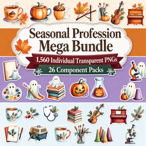 Könnte beinhalten: Eine digitale Sammlung mit dem Titel Seasonal Profession Mega Bundle, die 1.560 einzelne transparente PNG-Dateien und 26 Komponentenpakete enthält. Das Bild zeigt verschiedene Aufkleber im Aquarellstil, darunter Kürbisse, Geister, Bücher, Musikinstrumente und Kunstbedarf.