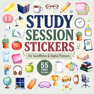 Könnte beinhalten: Eine Sammlung von 55 digitalen Stickern für Lernsitzungen mit Illustrationen von Büchern, Lampe, Gehirn, Uhr, Sukkulente, Pokal, Kopfhörer, Globus, Stuhl und Schreibwaren. Der Text lautet STUDY SESSION STICKERS For GoodNotes & Digital Planners.
