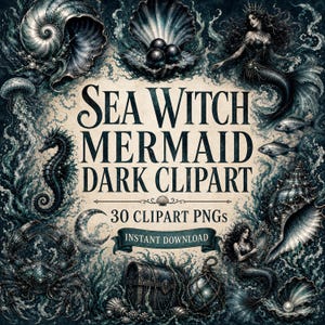 Puede incluir: Una colección digital de 30 imágenes prediseñadas PNG de Sea Witch Mermaid Dark con ilustraciones de sirenas, conchas, perlas, un caballito de mar, una medusa, un cangrejo, un cofre del tesoro y una luna creciente en tonos azul oscuro y verde azulado.