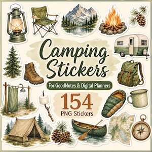 May include: A collection of 154 digital camping stickers featuring watercolor illustrations of a lantern, folding chair, mountain landscape, campfire, pine cones, camper, hiking boot, backpack, outdoor shower, marshmallow, sleeping bag, mug, tent, canoe, map, and compass.