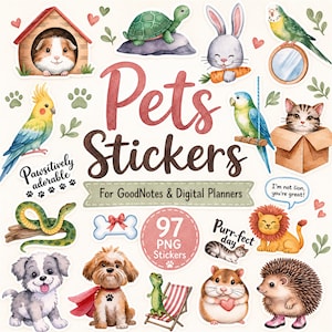 Peut inclure: Une collection d'autocollants numériques présentant des illustrations à l'aquarelle de divers animaux de compagnie, dont un cochon d'Inde, une tortue, un lapin, des oiseaux, un chat, un serpent, un chien, un lion, un hamster et un hérisson.