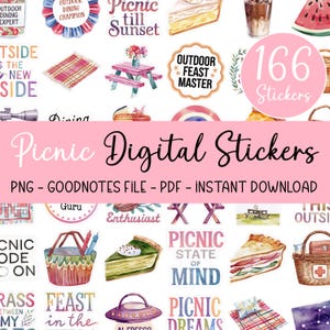 Könnte beinhalten: Ein Set mit 166 digitalen Stickern zum Thema Picknick. Die Sticker sind bunt und zeigen verschiedene Designs, darunter Picknickkörbe, Essen und Getränke. Der Text "Picnic Digital Stickers" ist in einem rosa Banner oben im Bild dargestellt.