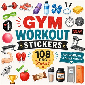 Könnte beinhalten: Eine Sammlung digitaler Aufkleber zum Thema Fitnessstudio mit roten Hanteln, orangefarbenen Turnschuhen, einer violetten Yogamatte, einer Wasserflasche, blauen Hanteln, einem Springseil, einem gelben Handtuch, einem Herzfrequenzmesser, einer Stoppuhr, einer Gewichtsscheibe, einem Laufband, einer Bank, einem muskulösen Arm, roten Boxhandschuhen, einer Trillerpfeife, einem goldenen Pokal, einem roten Apfel, einem Energieriegel, einem Protein-Shaker, einem Proteinpulver-Behälter, einer Tür und einem Spind mit dem Text GYM WORKOUT STICKERS 108 PNG Stickers For GoodNotes & Digital Planners.