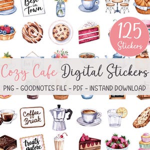 Könnte beinhalten: Ein Set mit 125 digitalen Stickern mit Aquarell-Illustrationen von Kaffee, Tee, Gebäck und anderen Café-Motiven. Die Sticker sind perfekt, um Planern, Tagebüchern und digitalen Dokumenten einen Hauch von Verspieltheit zu verleihen. Der Text "Cozy Cafe Digital Stickers" wird in einer rosa und weißen Schrift dargestellt.