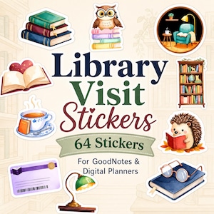 Library Visit Digital Stickers, Book Lover Planner Stickers, Reading PNG Stickers for GoodNotes