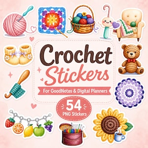 Könnte beinhalten: Eine Sammlung digitaler Aufkleber mit Häkelmotiven wie Wollknäueln, einem Granny Square, einem Korb, einem Teddybären, einer Sonnenblume, Fruchtanhängern und einem Etui mit Häkelnadeln, inklusive dem Text Crochet Stickers For GoodNotes & Digital Planners.