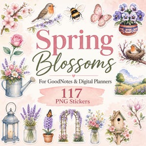 May include: A collection of 117 digital PNG stickers featuring watercolor illustrations of spring themes including cherry blossoms, a robin, a bumblebee, a butterfly, pansies, a rose, lavender, a watering can, a lantern, and a birdhouse.