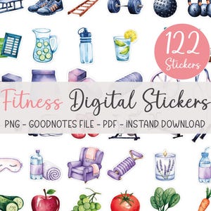 Könnte beinhalten: Ein Set mit 122 digitalen Fitness-Stickern im Aquarell-Stil. Die Sticker enthalten Bilder von Hanteln, Yogamatten, Wasserflaschen, gesundem Essen und vielem mehr. Die Sticker sind perfekt, um deinem Planer, Journal oder deinen digitalen Notizen einen Hauch von Spaß und Persönlichkeit zu verleihen.