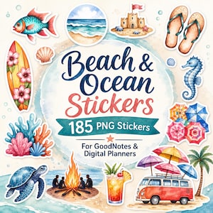 Beach Ocean Digital Stickers Goodnotes Bundle 185 Summer Vacation Planner Sticker PNG Transparent Digital Download Sea Life Mermaid Nautical
