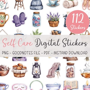 Könnte beinhalten: Ein Set mit 112 digitalen Stickern mit Illustrationen von Selbstpflegeartikeln, darunter eine Tasse Kaffee, ein Buch, ein Bad, eine Kerze, eine Lampe, ein Kopfhörer, eine Schlafmaske, ein Glas mit Knöpfen, eine Topfpflanze mit Lavendel, ein Paar Stiefel, eine Teetasse, ein Handtuch, ein Paar Ballettschuhe, eine Tasse, ein Paar Fäustlinge, ein Hocker, ein Hut, ein Glas mit Muscheln, eine Teekanne, ein Korb mit Muffins, eine Decke, eine Laterne und ein Koffer. Der Text "Self Care Digital Stickers" und "PNG - GOODNOTES FILE - PDF - INSTAND DOWNLOAD" ist ebenfalls im Bild enthalten.