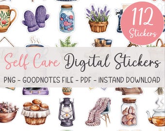 112 pegatinas de cuidado personal digitales, pegatinas de amor propio, pegatinas de planificador digital, pegatinas de diario digital, pegatinas digitales Goodnotes pegatinas