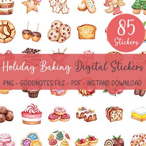Könnte beinhalten: Eine Sammlung von 85 digitalen Aufklebern mit Aquarellillustrationen von Backwaren für die Feiertage. Das Bild zeigt Kekse, Kuchen, Lebkuchenmänner und andere festliche Desserts. Der Text auf dem Bild lautet "Holiday Baking Digital Stickers".
