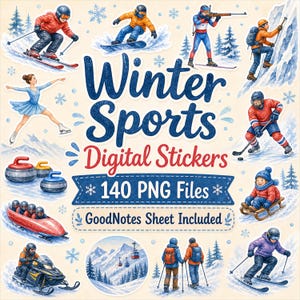 Könnte beinhalten: Eine Sammlung digitaler Aufkleber mit Illustrationen von Wintersportarten wie Skifahren, Snowboarden, Eislaufen, Eishockey und Rodeln. Der Text lautet Winter Sports Digital Stickers, 140 PNG Files und GoodNotes Sheet Included.