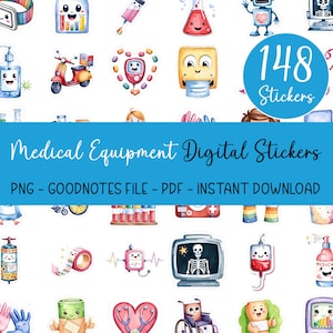 148 Healthcare Digital Stickers Pack Medical Equipment Hospital Nurse Doctor PNG Goodnotes Digital Planner Stickers Precropped iPad Set