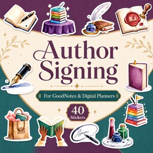 Könnte beinhalten: Ein digitales Sticker-Set mit dem Titel Author Signing for GoodNotes & Digital Planners, das 40 Sticker enthält, darunter offene Bücher, Füllfederhalter, Tintenfässer, Stapel bunter Bücher, ein Wachssiegel, eine Einkaufstasche und Unterschriften.