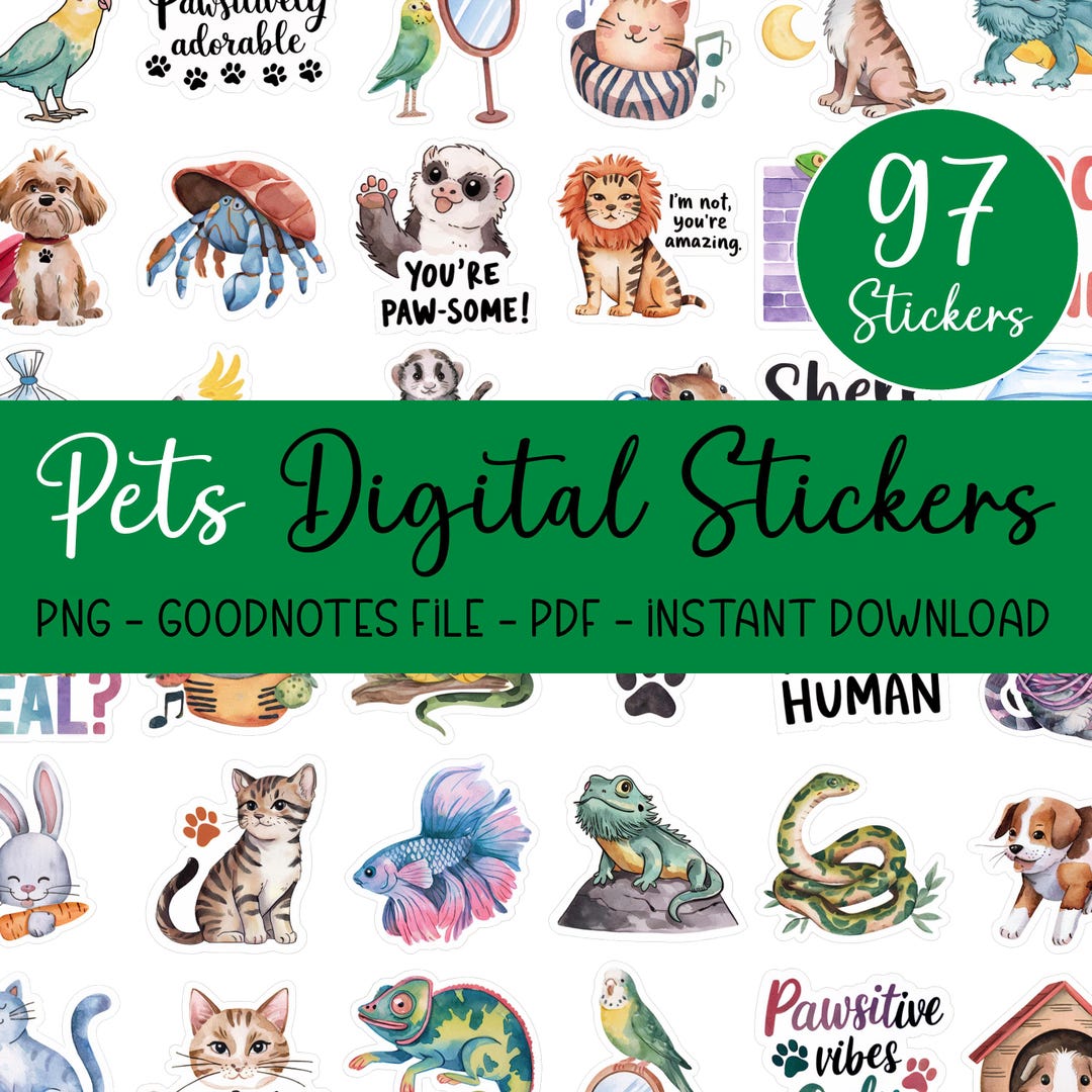 Pets Rectangular Note Sticker Watercolor Pets Digital Stickers Bundle Precropped PNG Goodnotes ...