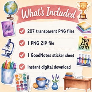 May include: A digital product listing graphic titled What's Included featuring a list of 207 transparent PNG files, 1 PNG ZIP file, 1 GoodNotes sticker sheet, and instant digital download. The border is decorated with watercolor school icons.