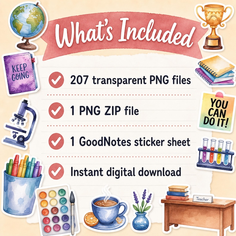 May include: A digital product listing graphic titled What's Included featuring a list of 207 transparent PNG files, 1 PNG ZIP file, 1 GoodNotes sticker sheet, and instant digital download. The border is decorated with watercolor school icons.