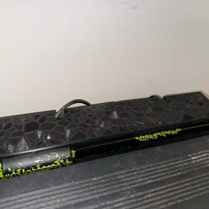 Puede incluir: Un filtro de acuario negro con una tapa texturizada y un asa. El filtro tiene una secci&oacute;n con vegetaci&oacute;n verde visible. El filtro est&aacute; dise&ntilde;ado para mantener el agua limpia para la vida acu&aacute;tica.