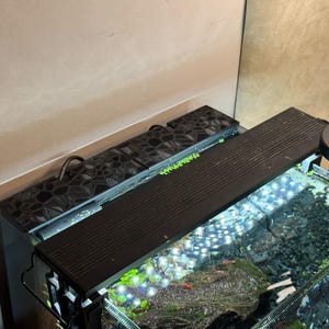 Puede incluir: Un acuario con tapa negra e iluminaci&oacute;n integrada. El tanque contiene agua, plantas y peces peque&ntilde;os. La tapa tiene un dise&ntilde;o texturizado. Una l&aacute;mpara negra est&aacute; a la derecha.
