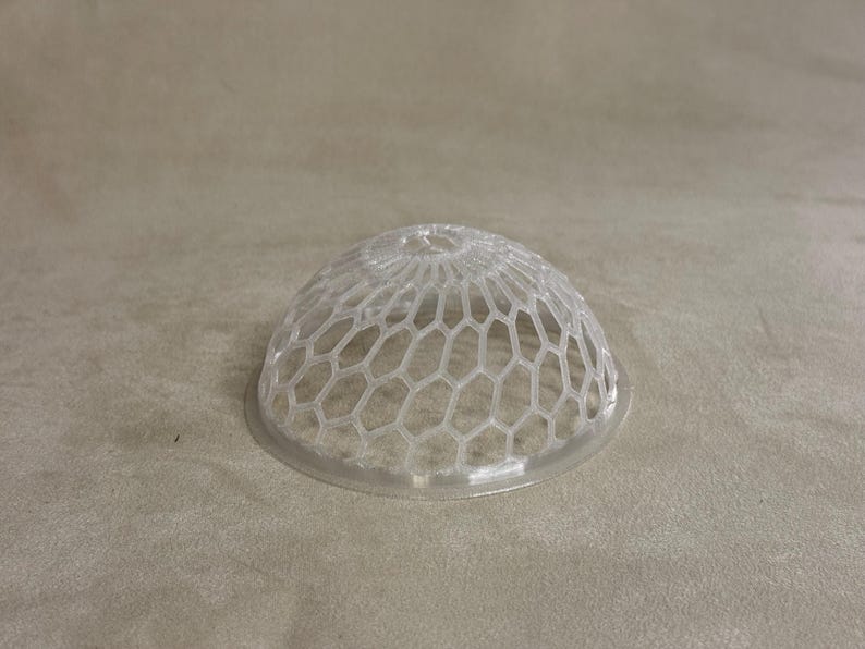 May include: A clear plastic dome-shaped cover with a hexagonal mesh pattern. The cover is designed to protect food from insects.