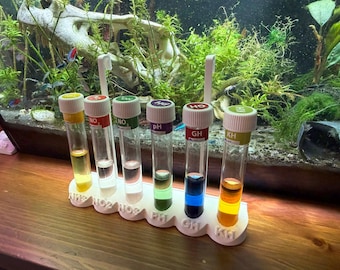 NT Labs Compatible Hanging Aquarium Test Tube Holder – 6 Slot Test Kit Stand with Colour Chart Slot – Fish Tank Water Testing – MMS Design