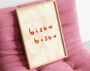 Bisou Bisou Print, French Typography Wall Art, Minimalist Beige Poster (Digital Download)