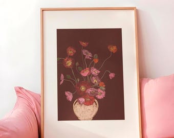 Pink Poppies Art Print, Deep Red Floral Still Life INSTANT download